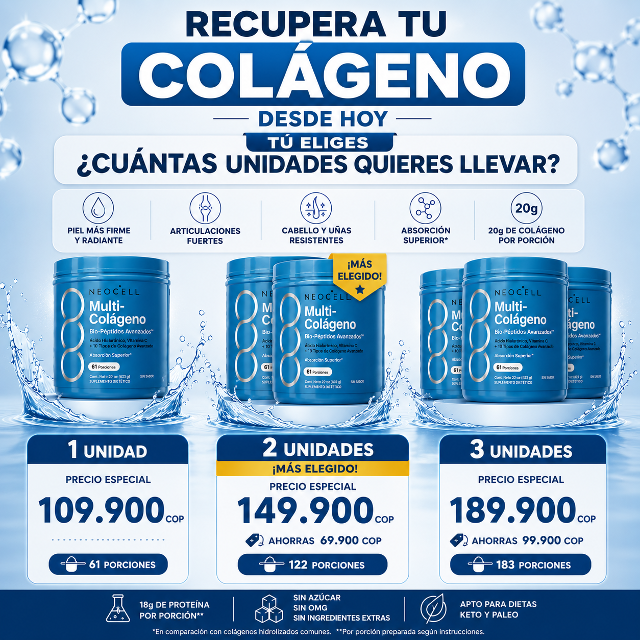 NeoCell Multi-Colageno Peptides - Piel Firme, Cabello Fuerte y Articulaciones